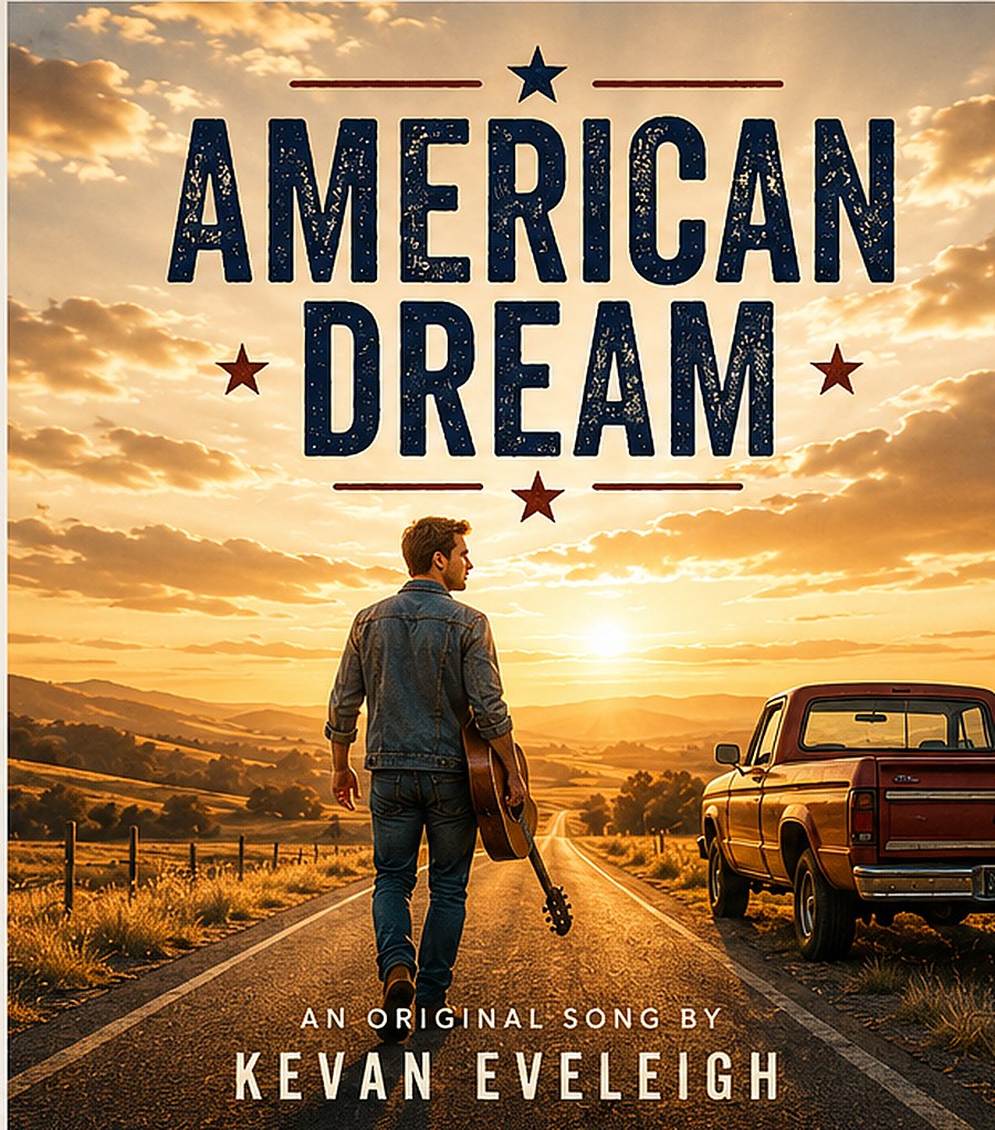 American Dream — official poster artwork: a performer with a guitar walking an open road into a golden sunset, with the American Dream title above. An original song by Kevan Eveleigh.