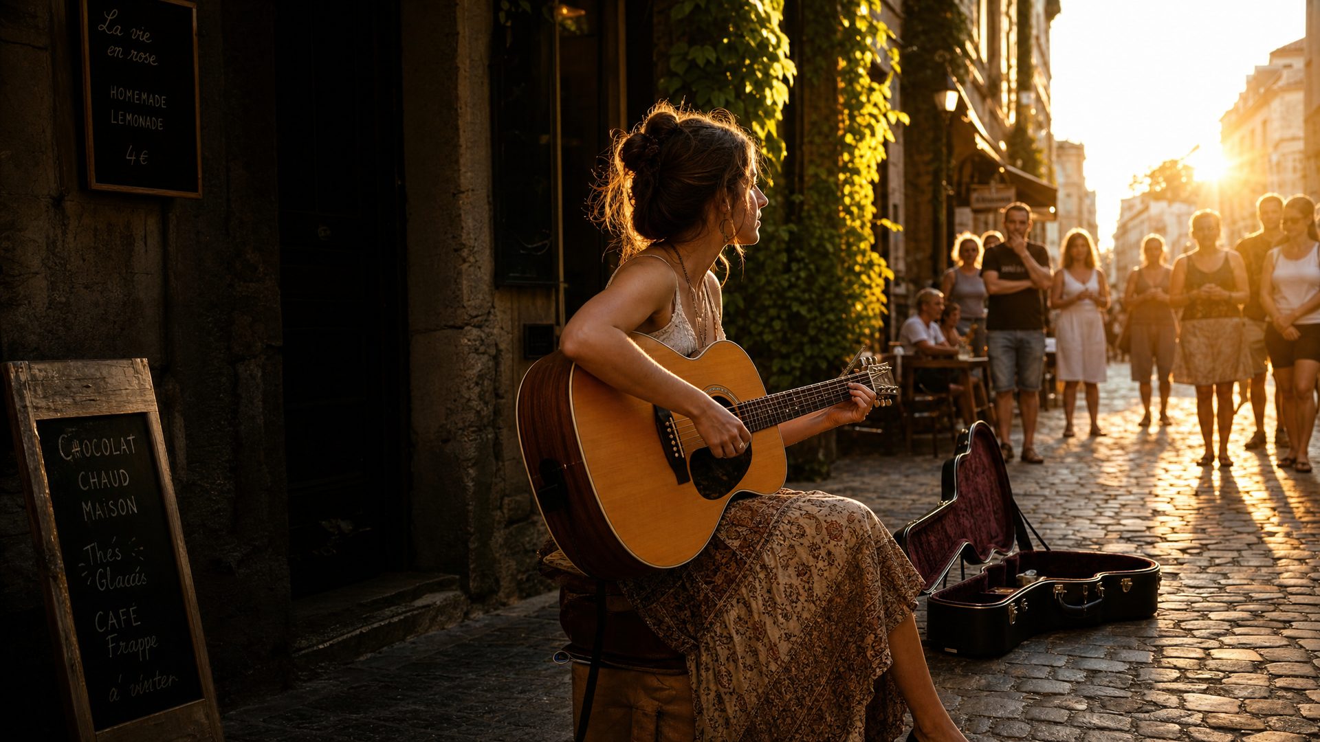 A solo performer playing guitar in warm golden-hour light before a live audience